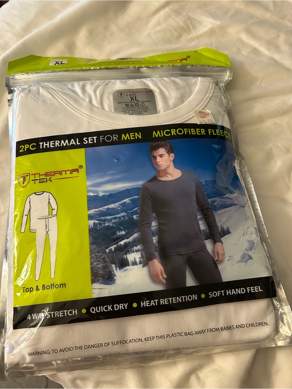 Men’s White Microfiber Fleece Thermal 2-Piece Set - White, XL
